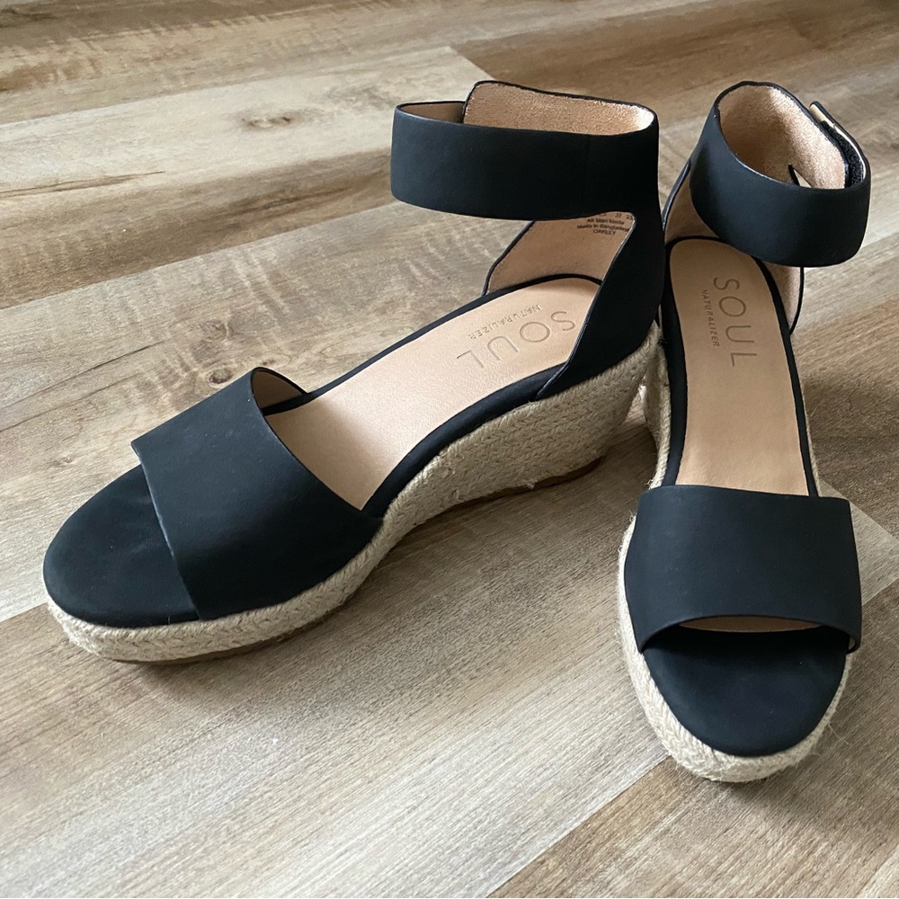 SOUL Naturalizer Womens Oakley Black Open Toe Wedge Sandals Shoes